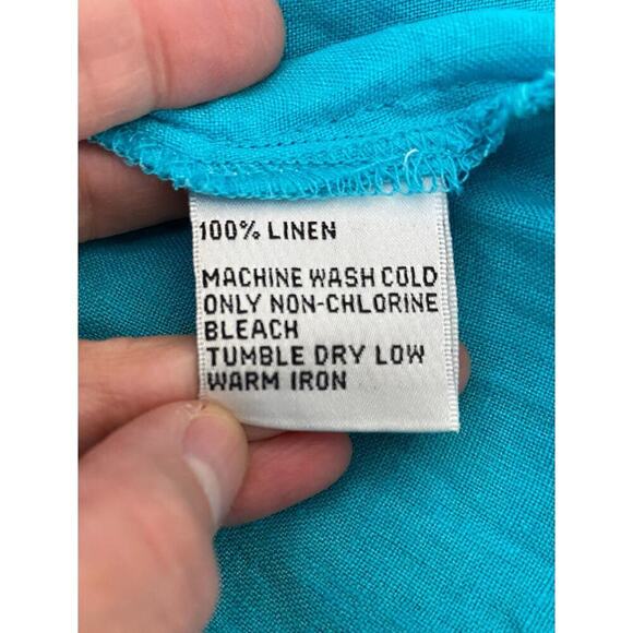 Talbots Petites Women's S Turquoise Blue Irish Linen Tie Neck Blouse - Picture 5 of 6